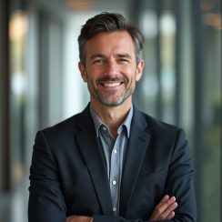 Smiling man in a dark blazer and light shirt standing with crossed arms in a modern office hallway.