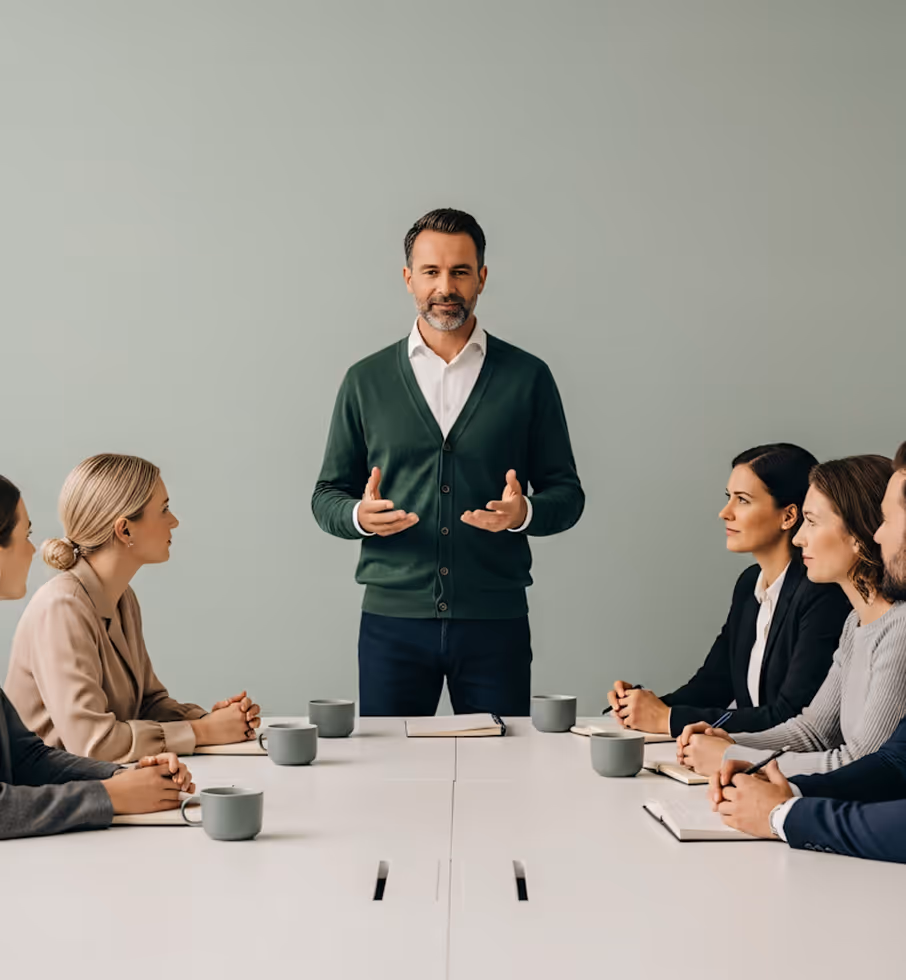 Man in green cardigan speaking to a group of five seated colleagues in a meeting room with gray walls.