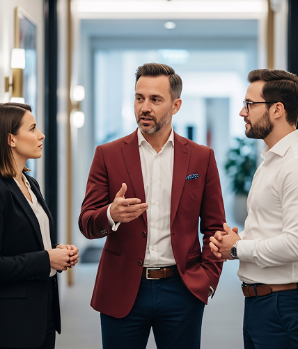 Three professionally dressed people having a conversation in a modern office hallway.