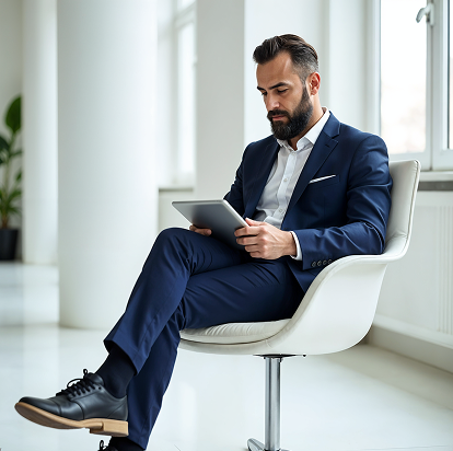 Man in a navy suit sitting on a white chair, looking at a tablet in a bright modern office.
