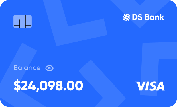 Blue DS Bank Visa card showing a balance of $24,098.00 with a chip on the left side.
