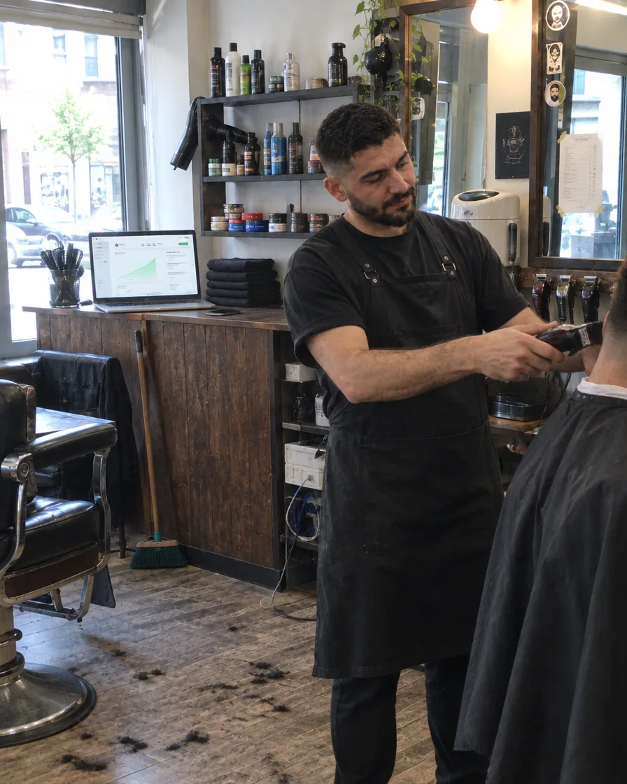 Matteo nel suo barber shop mentre rifinisce il taglio a un cliente, con il laptop aperto su Oplyo sul bancone